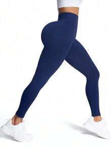 女士简约字母印花打底裤，休闲日常穿着 - 藏蓝色 - 查看 3