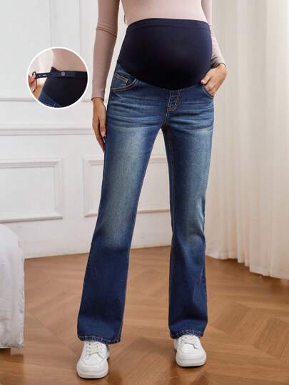 SHEIN 孕妇可调节腰部口袋休闲喇叭牛仔裤