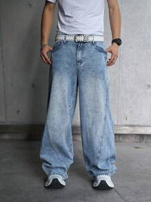 Manfinity Hypemode Jeans décontractés en denim lavé ample pour hommes, jeans bleus amples lavés unis. Idéal pour le mari, cadeau pour le petit ami