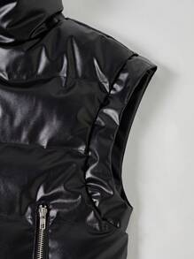 SHEIN Unity 女士纯色无袖拉链前口袋休闲加厚棉服外套冬季 - 黑色 - 查看 6