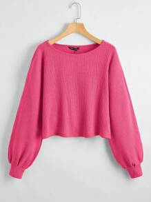 SHEIN Leap Crew Tween Girls Ribbed Loose Retro Crop Long Sleeve T-Shirt, Fall/Winter - Hot Pink - View 1