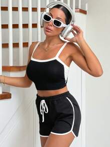 RueChic Shorts deportivos unido en contraste de cintura con cordón - Negro - Ver 5