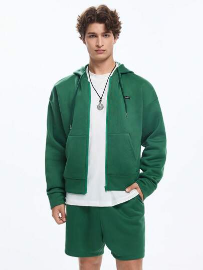 Manfinity VCAY 2 件男士针织休闲宽松连帽衫运动衫和抽绳腰短裤套装，纯色，适合秋冬