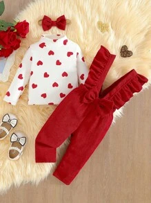 SHEIN 2pcs Baby Girls' Plush High Collar Heart Pattern Top And Overalls With Headpiece, Spring Autumn Outfit' - Multicolor - View 3