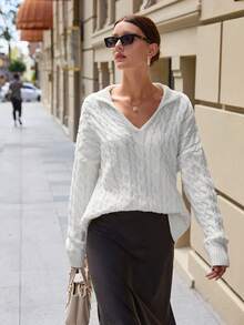 EURMUSE Luźny, dzianinowy sweter midi z okrągłym dekoltem dla kobiet - Biały - Zobacz 1