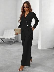 SHEIN Clasi Women's Solid V-Neck Button Front Long Sleeve Blazer And Pocket Trouser Elegant Suit Set - Black - View 1