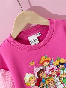 Strawberry Shortcake X SHEIN 年轻女孩卡通印花拼布袖圆领宽松针织运动衫，秋冬 - 粉色 - 查看 4