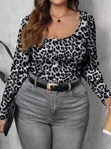 SHEIN EZwear 1 chiếc áo thun dài tay cổ tròn in họa tiết da báo giản dị co giãn vừa vặn dành cho phụ nữ ngoại cỡ, phù hợp cho mùa thu/đông - Nhiều màu - Xem 3