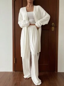 DAZY Minimalist Soft Loungewear Set: Straight Leg Pants & Belted Robe, Fall Winter Clothes Pajama - White - View 6