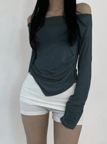DAZY Women's Solid Off-Shoulder Long Sleeve Minimalist T-Shirt, Casual Daily Wear