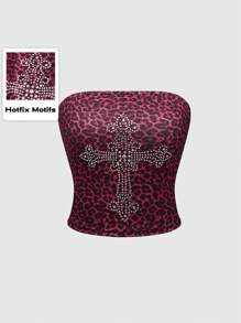 ROMWE Grunge Punk Sexy Leopard Print Strapless Top With Cross & Rhinestone Decoration For Women, Stretchy, School, For Carnival - Multicolor - View 1