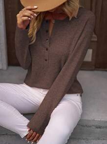SHEIN LUNE Women's Casual Solid Color Half-Button Cardigan Long Sleeve T-Shirt, Spring/Autumn Fall Cloth For Women - Coffee Brown - View 3