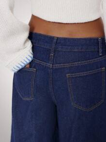 Forever 21 深蓝色水洗休闲宽松3/4长裤，春夏 - 藍色 - 查看 4