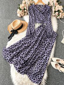 SHEIN LUNE 2 pièces Ensemble casual pour femmes grandes tailles, Top à manches longues avec imprimé léopard et minijupe, automne