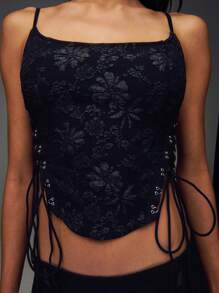 TypaGal Floral Jacquard Lace Up Curved Hem Corset Top - Black - View 6