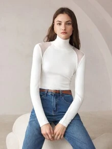 BizChic Parte superior de manga larga con cuello alto transparente, de unicolor y con empalme de malla para mujeres - Blanco - Ver 3