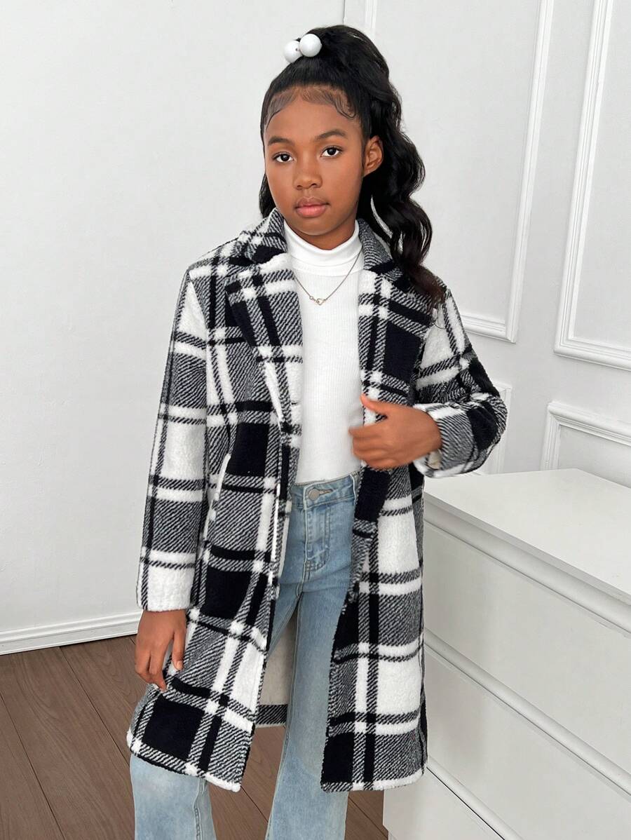 SHEIN Tween Girl 休闲纯色双面羊毛千鸟格翻领开衫夹克