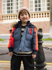 SHEIN Young Boy Hooded Patchwork Long Sleeve Casual Padded Coat