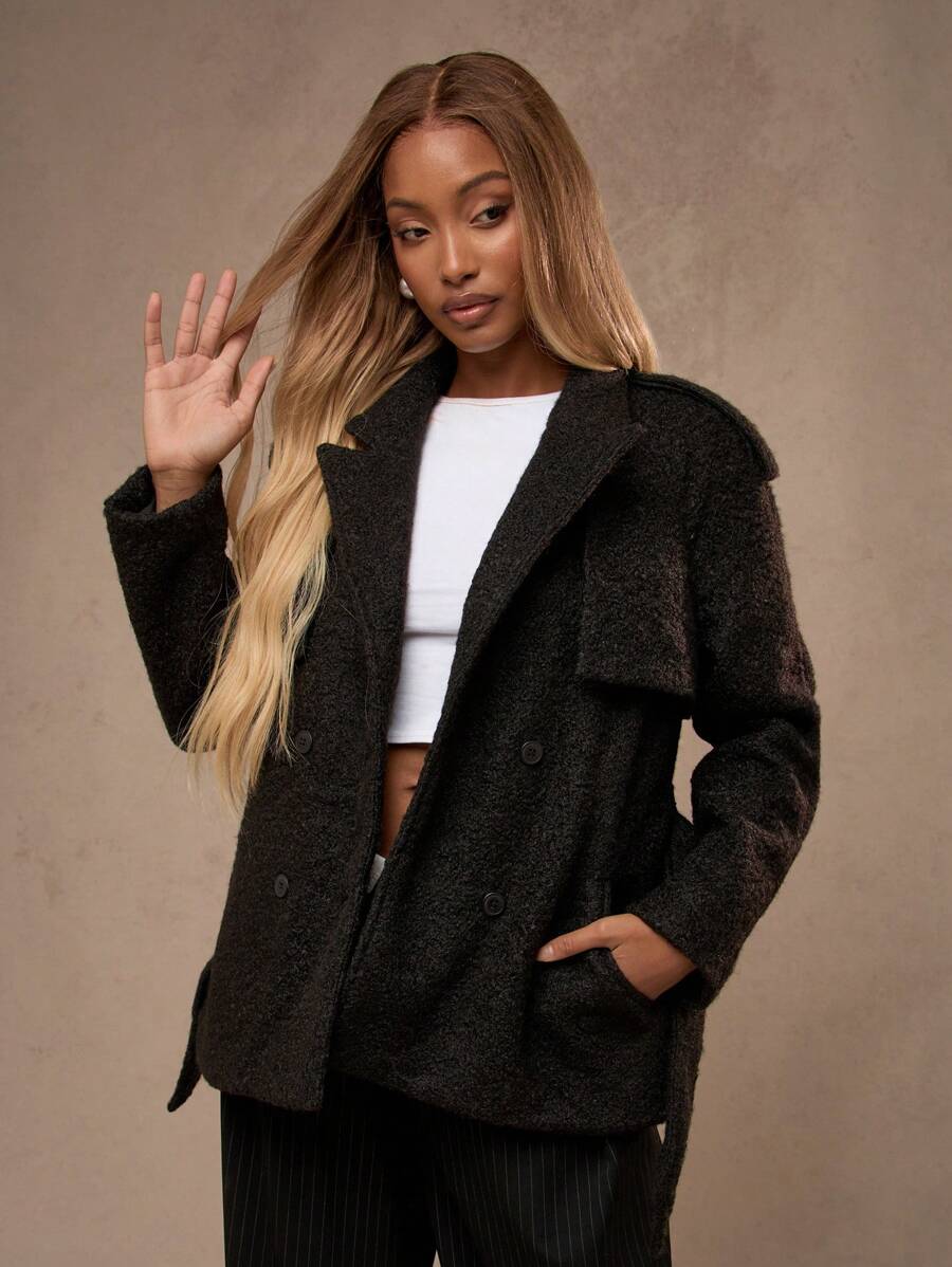 MISSGUIDED Designer Boucle Wool Trench Coat With Belt Double Breasted Notch Lapel Outerwear For Fall Winter Professional Office Wear - Black - View 1