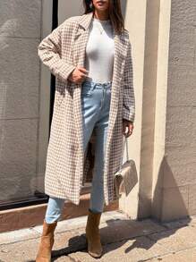 Chiquease Women's Houndstooth Stand Collar Mid-Length Double Breasted Casual Overcoat Thermal Fall Cloth For Women