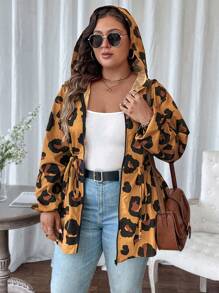 SHEIN LUNE Áo khoác dài có mũ trùm đầu họa tiết da báo cỡ lớn 1 mảnh - Rỉ Nâu - Xem 6