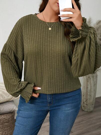 SHEIN LUNE Plus Size Loose Solid Color Round Neck Drop Shoulder Long Sleeve T-Shirt, Autumn Plus Size Fall Clothes