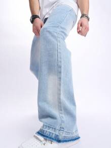 Chillumni 男士休闲口袋简约成熟街头风格牛仔裤，日常穿着，纯色长款水洗直筒浅蓝色工装牛仔裤，适合丈夫、男朋友的礼物 - 淺色水洗藍 - 查看 3