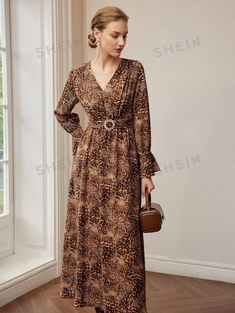 MOTF PREMIUM LEOPARD PRINT V-NECK FLARE SLEEVE RHINESTONE BUCKLE BELTED LONG DRESS | SHEIN USA motf-premium-leopard-print-v-neck-flare-sleeve-rhinestone-buckle-belted-long-dress-shein-usa