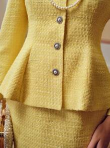 ZEYLAH TWEED SOLID SQUARE NECK RUFFLE HEM JACKET - Yellow - View 3