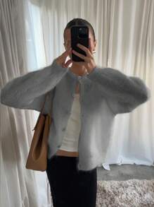 Siren Gaze Suéter de cárdigan casual con mangas largas y hombros caídos de unicolor y esponjoso para mujer, para otoño e invierno, tops de manga larga