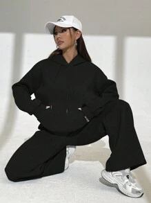 INAWLY 女士休闲宽松落肩抽绳连帽衫和运动裤两件套，秋季