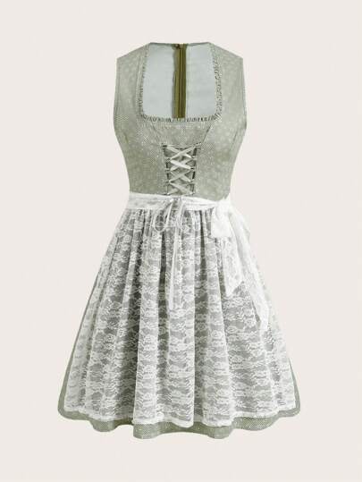 Sweetra Front Tie Ribbon, Ruffled Neckline, Splice Lace Oktoberfest Dress