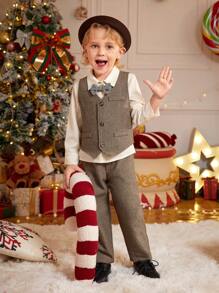 SHEIN Young Boy 3pcs Outfit Set: Herringbone Vest, Long Pants And Long Sleeve Shirt, Gentleman Style - Multicolor - View 3