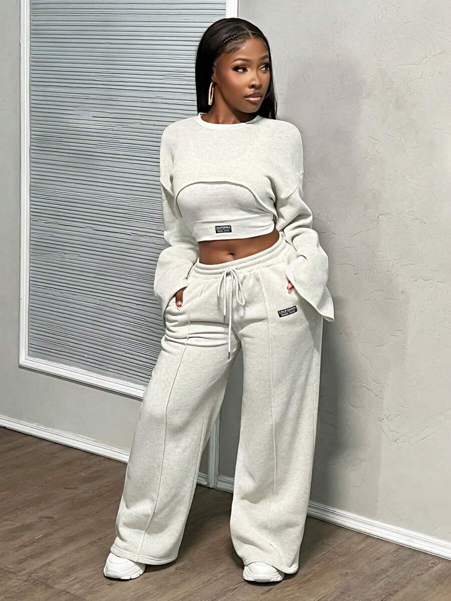 Slaydiva 3 piezas Conjunto casual de unicolor para mujer - Gris - Ver 1