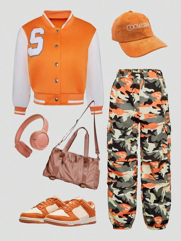 2pcs/Set Tween Girl Casual Versatile Street Style Letter Patch Cropped Bomber Jacket And Camouflage Cargo Pants