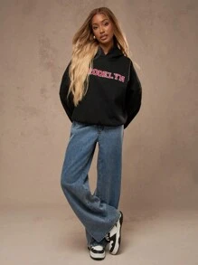 MISSGUIDED Brooklyn Varsity Letter Oversized Hoodie Streetwear College Athletics Comfy Fall Winter Casual Sports Basketball Urban Design Pullover Sweatshirt Youth University Style - Black - View 3
