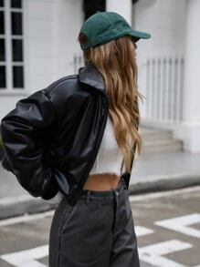 GENKIRA Áo khoác mùa đông Y2K phong cách giản dị, rộng rãi, chất liệu da PU, đệm, cách nhiệt bằng chất liệu tổng hợp Polyfill, áo khoác mùa đông, áo khoác có đệm, quần áo mùa đông - màu đen - Xem 7
