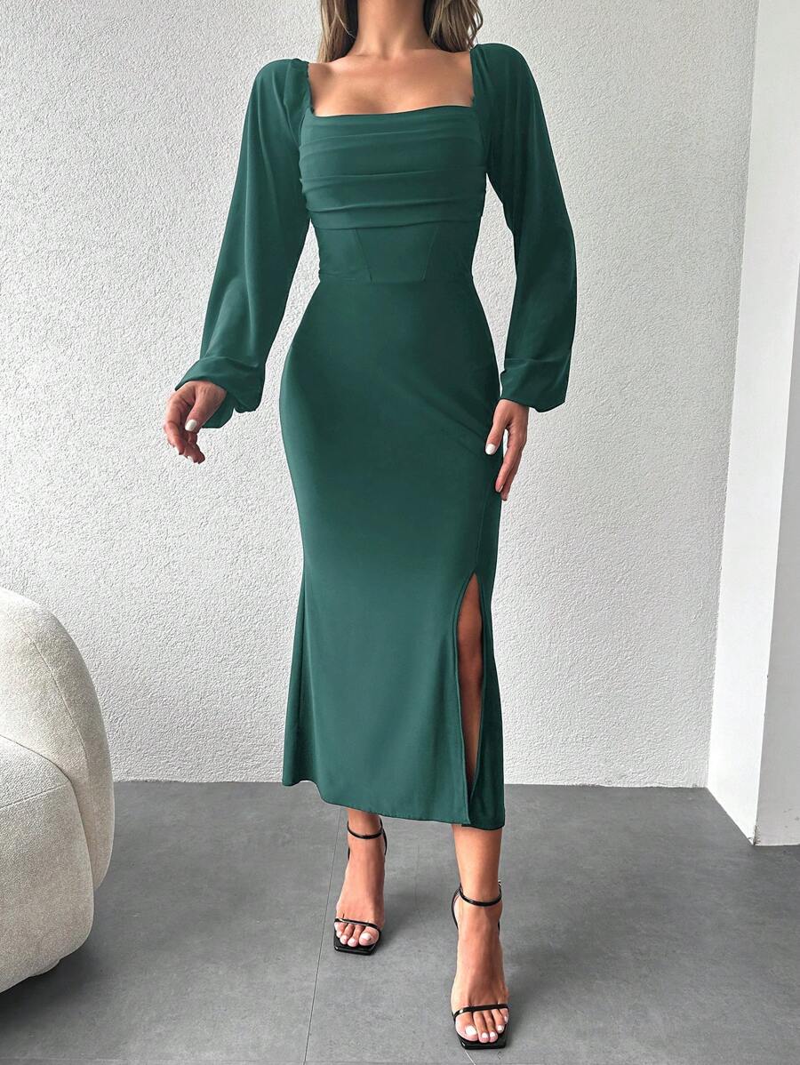 SHEIN Cottnline Lantern Sleeve Square Neck Tie Back Dress - Dark Green - View 1