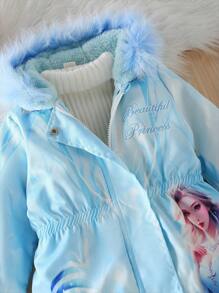 SHEIN 女小童人像圖案毛茸邊連帽外套 - 藍色 - 查看 5