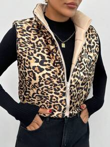 SHEIN PETITE Women Leopard Lined Crop Winter Vest Coat - Beige - View 3