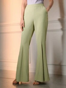 The Great Gatsby x MOTF 纯色弹力腰喇叭裤 - 綠色 - 查看 3