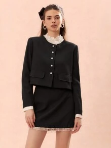 Enchnt Autumn Romantic Women's Black Cute Elegant Contrast Lace Flap Blazer And Pencil Skirt Suit Set,Two Pieces Outfits