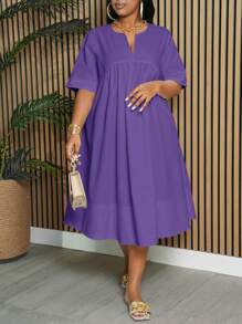 Slaydiva 女式加大码宽松纯白色短袖船领 A 字形及膝连衣裙，适合优雅、通勤、度假和日常穿着，春夏 - 紫色 - 查看 1