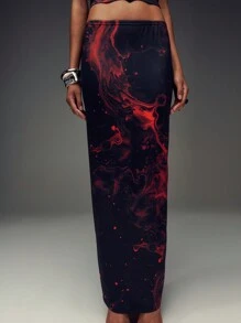 SHEIN Unity Black & Red Ink Painting Style High Waist A-Line Maxi Skirt With Back Slit - Multicolor - View 1