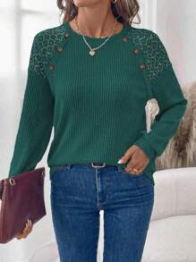 EMERY ROSE Damen lässiges Rundhals Langarm T-Shirt mit Lace Patchwork und strukturierter Waffel-Optik - Grün - Übersicht 3