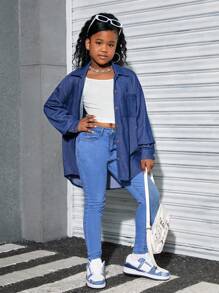 SHEIN Camisa de manga larga informal tejida para niñas preadolescentes
