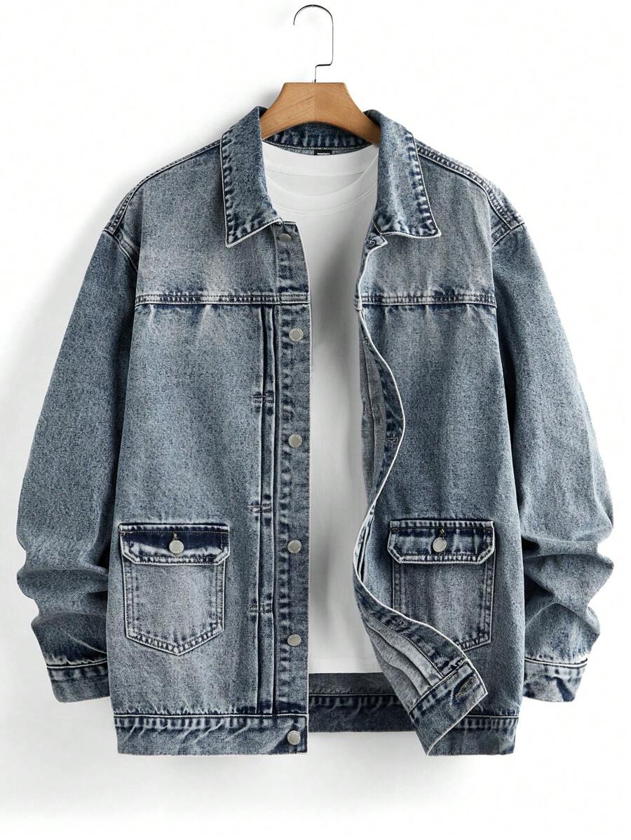 Manfinity Homme Áo khoác denim trơn cổ điển màu xanh nhạt cỡ lớn dành cho nam, dùng khi đi nghỉ - Rửa nhẹ - Xem 1