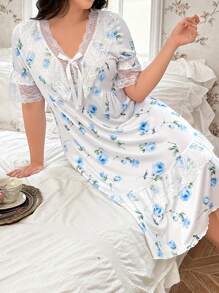 CottageSlumber 节日季大码蓝玫瑰蕾丝拼布短袖睡裙 - 彩色 - 查看 4