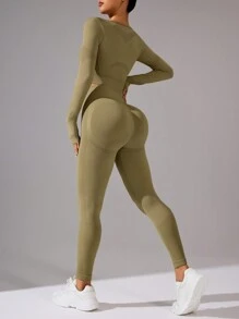 SHEIN Yoga Basic 女士纯色长袖和长裤无缝运动服套装女士健身套装 - 卡其色 - 查看 4