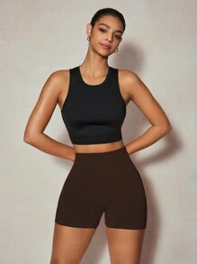 Easithlete 女式运动短裤，腰部褶皱，性感紧身，弹力舒适，适合瑜伽和健身女士运动短裤、健身短裤、骑行短裤 - 咖啡棕 - 查看 5